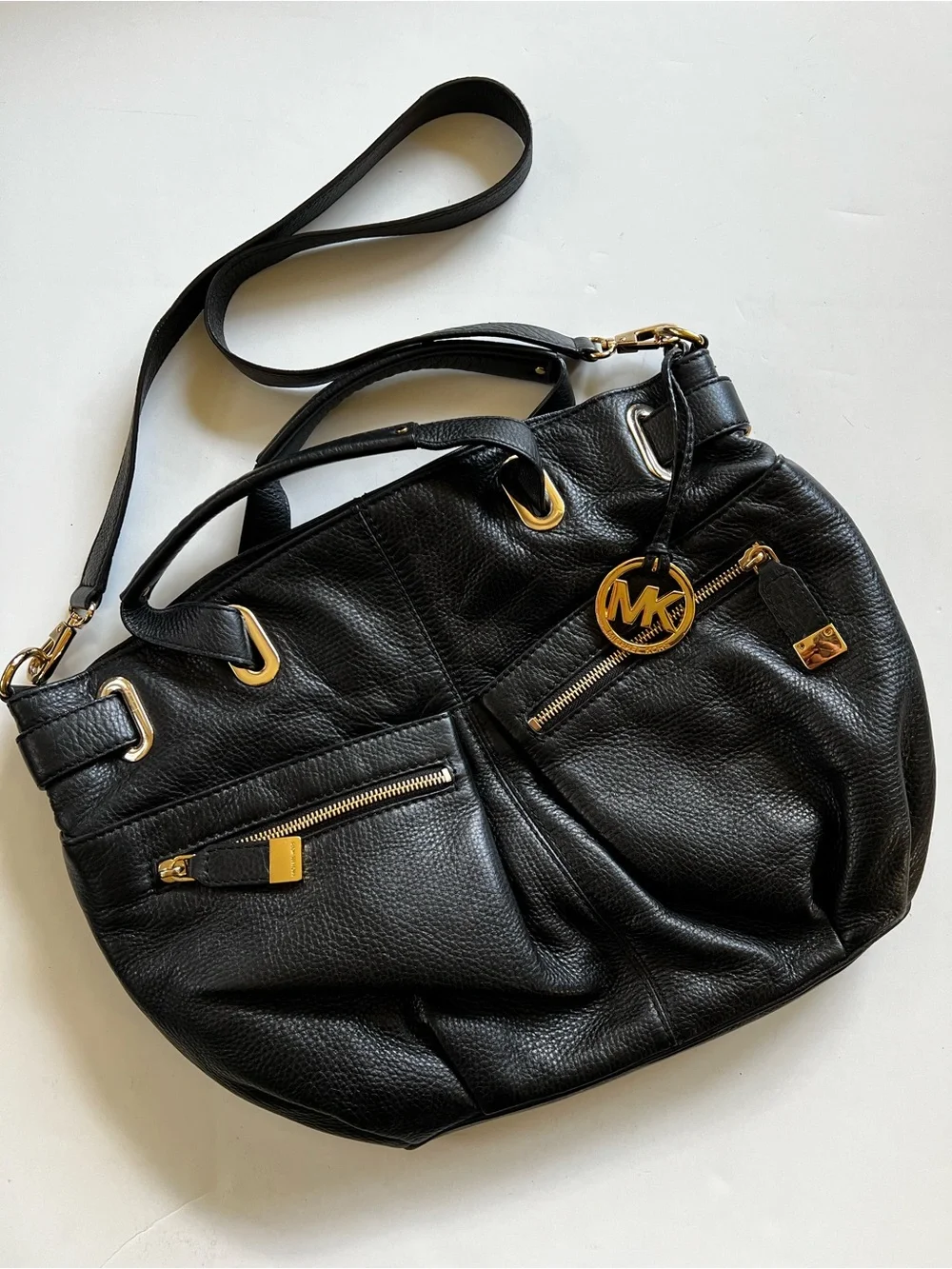 Michael Kors Pebbled Leather Black Zipper Front Satchel with Crossbody Large